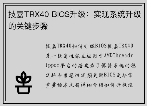技嘉TRX40 BIOS升级：实现系统升级的关键步骤